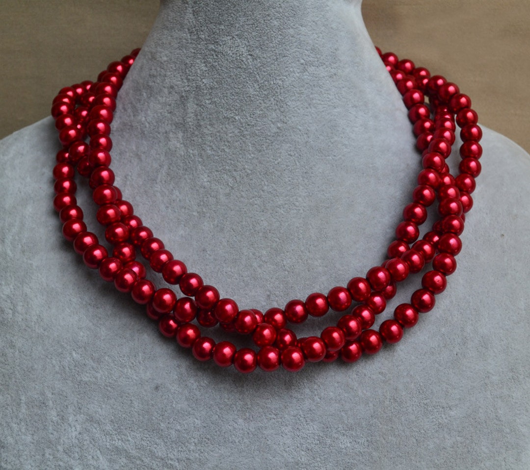 Burgundy Red Pearl Necklace,glass Pearl Necklace, Triple Pearl Necklace ...