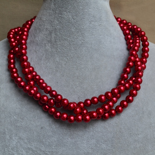 burgundy red pearl Necklace,Glass Pearl Necklace, Triple Pearl Necklace,Wedding Necklace,bridesmaid necklace,Jewelry