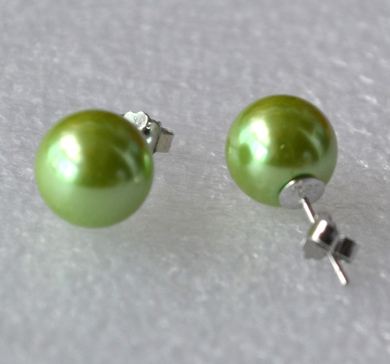 Lime Green Pearl Earrings 8mm Lime Green Bead Earring Round Etsy