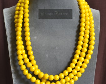 Yellow Glass Bead Necklace, 10mm Single Strand, Wedding Jewelry