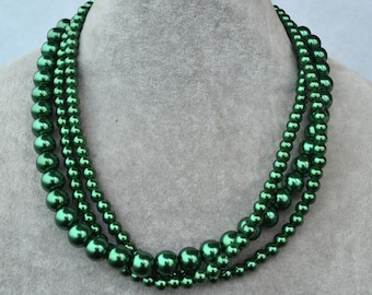 dark green pearl necklace, triple strands dark green beaded necklace, wedding necklace, statement necklace, bridesmaid gift