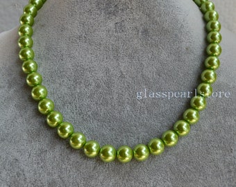 Single Strand 10 mm lime green Glass Pearl Necklace,bridesmaid necklace, Statement Necklace, jewelry,use for bridesmaid accessory in wedding