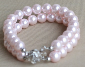 pale pink Pearl Bracelet, 2 rows Pearl Bracelet,Wedding Bracelet,Bridesmaid Bracelet,Jewelry,pearl Bracelet, Maid of honor jewelry