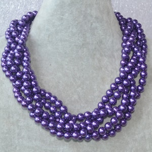 purple pearl necklace, 5 strands purple beaded necklace,statement necklace,twist necklace, purple pearl chunky necklace, bridesmaid necklace