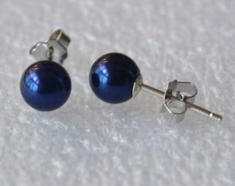 Navy Blue Glass Pearl Stud Earrings, Bridesmaid Jewelry
