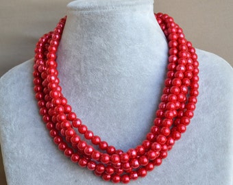 Red Pearl Necklace,5 Strands Pearl Necklaces,bridesmaid necklace,Jewelry,round pearl,gift,Wedding Necklace