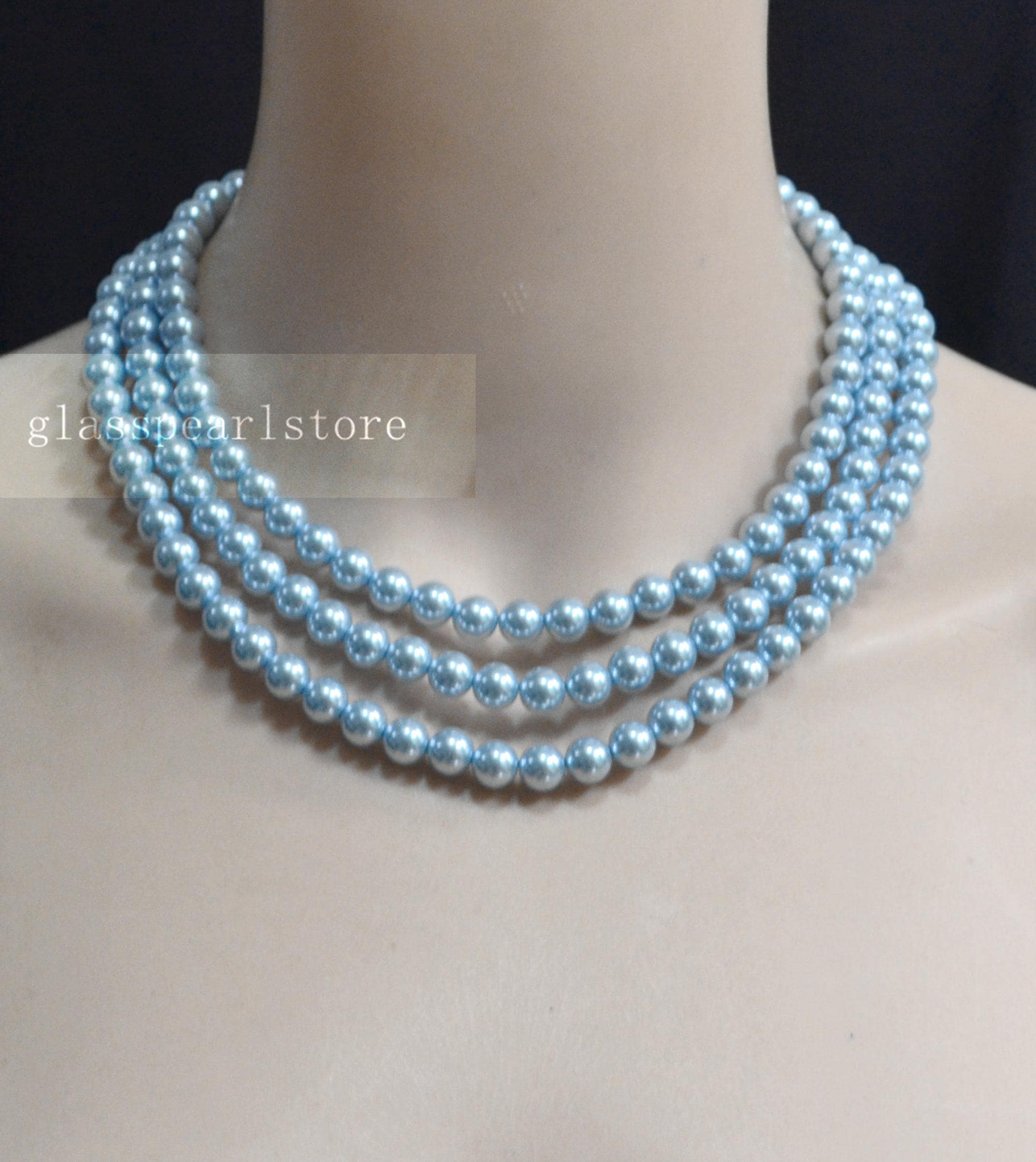 Light Blue Glass Pearl Triple Strand Necklace, Wedding Jewelry - Etsy