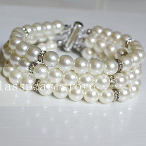 Ivory Pearl Bracelet, Glass Pearl and Rhinestone Bracelet, Triple Strands Pearl Beads Bracelet, Bridesmaid Bracelet, Wedding Jewelry
