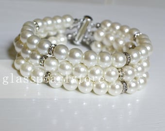 Ivory Glass Pearl Bracelet, Rhinestone, Triple Strand Wedding Jewelry