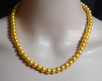 Gold Glass Pearl Necklace, 8mm Beaded Strand
