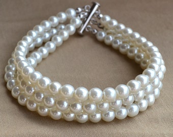 Triple Strand Pearl Bracelet, Bridal Jewelry, Bridesmaid Gift