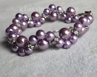 Lilac Glass Pearl Flower Bracelet, Crystal Wedding Jewelry