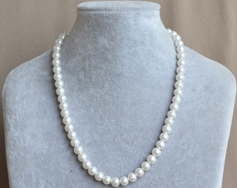 Collar de perlas de vidrio color marfil de una sola hebra de 8 mm, collar de boda, collar de dama de honor, collar de perlas blancas, collar de mujer