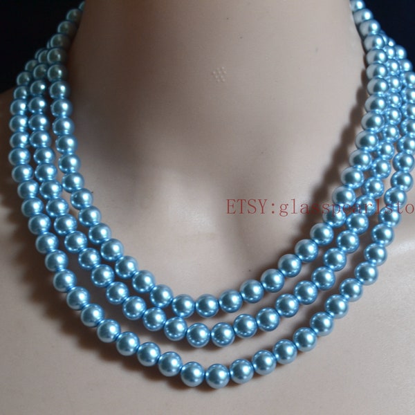 light blue pearl Necklace,Triple Pearl Necklace,Wedding Necklace,bridesmaid necklace,Jewelry,statement necklace,blue Glass Pearl Necklace