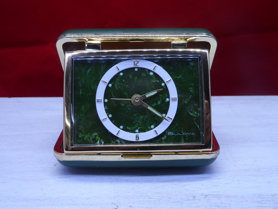VINTAGE BULOVA FOLDING Green Travel Alarm Clock Etsy