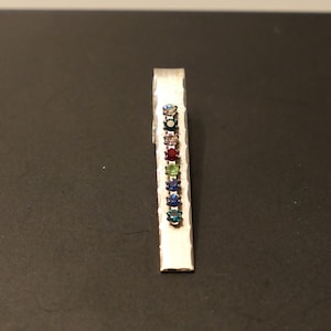 Vintage Tie Clip Tie Bar Multi-color Colorful Jewels Silver Tone 12k GF