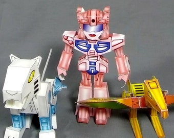 DIY lil' alien robot singing trio papercraft - chibi drunken singers cardmodel figure kits - cassettebot stage vocalist and her pets