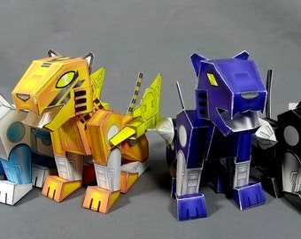 DIY cassettebot kitty multiple set - mechacat cardmodel puzzles - robo feline set of kits