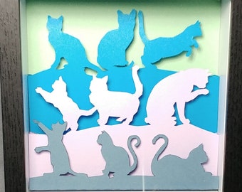 DIY nine cats layered shadow box layers - feline silhouette three-layer decoration art