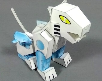 DIY chibi Glit cassettebot cardmodel kit - papertoy mechakitty puzzle - lil' mini robofeline printout
