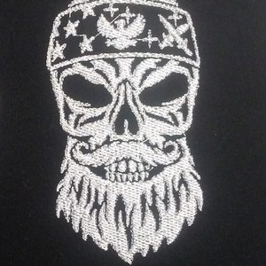 bearded biker skull embroidery files - skull with bandana and moustache embroidery designs