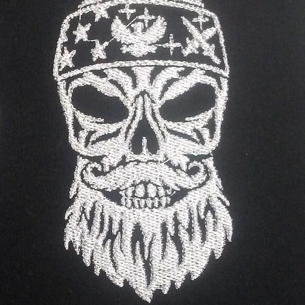 bearded biker skull embroidery files - skull with bandana and moustache embroidery designs