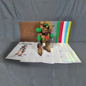 Può includere: Un modello dettagliato di un robot Gundam, con una combinazione di colori beige, marrone e verde. Il robot è posizionato sopra le istruzioni di montaggio e uno sfondo di cartone. Il modello ha dettagli verdi e appuntiti su spalle e braccia.