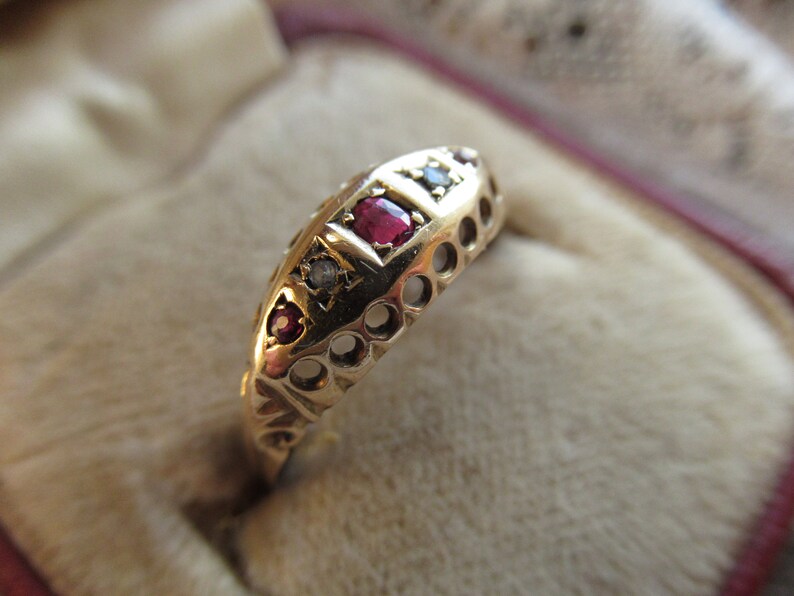 Antique 9ct Gold Ruby Diamond Ring Size U.S 7 34 U.K P Edwardian Maker LBS Gypsy Ring