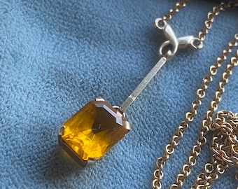 Vintage 9CT Gold Citrine Lavaliere Necklace. 1940s, Emerald Cut, cable Chain, Gifts for Her.