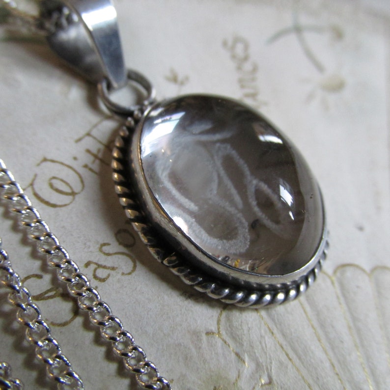 STERLING Silver Curb Chain Rock Crystal Pendant VINTAGE Spiritual OM Symbol Polished Cabochon.