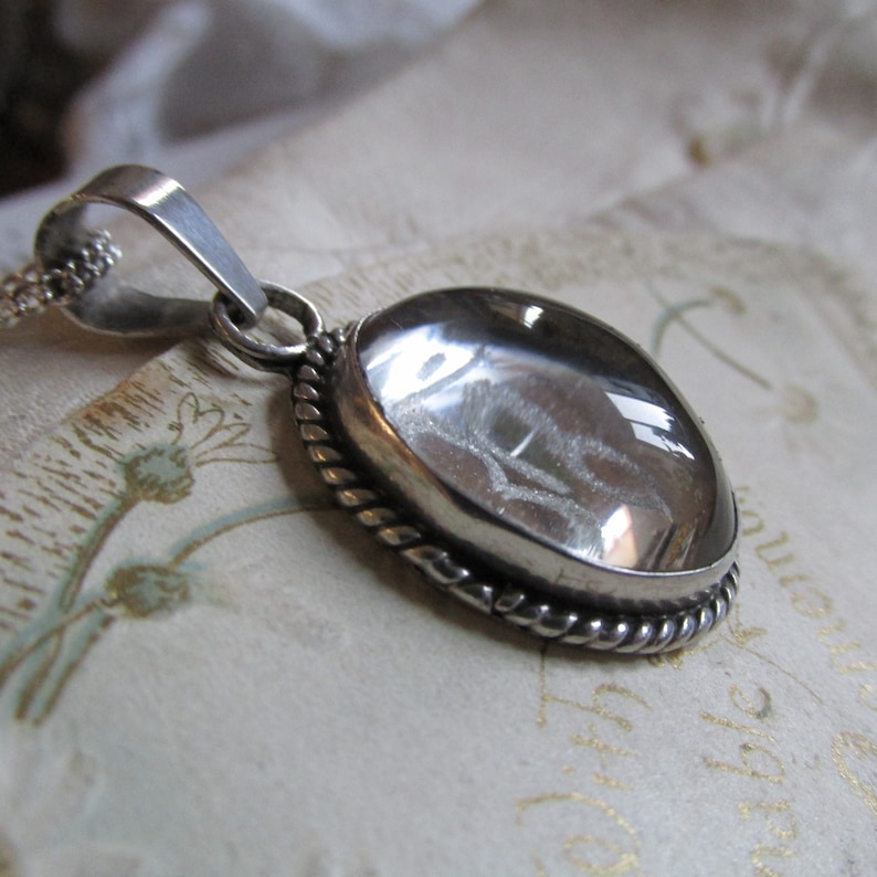 STERLING Silver Curb Chain Rock Crystal Pendant VINTAGE Spiritual OM Symbol Polished Cabochon.