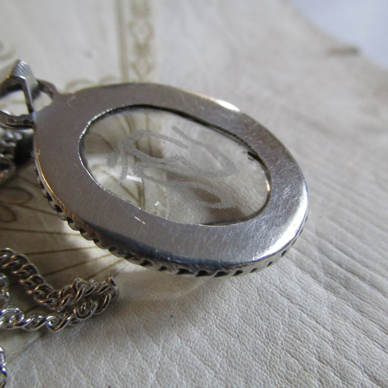 STERLING Silver Curb Chain Rock Crystal Pendant VINTAGE Spiritual OM Symbol Polished Cabochon.