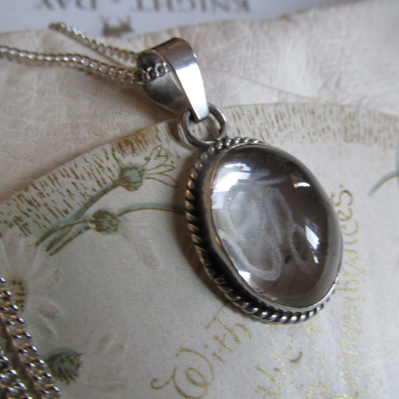 STERLING Silver Curb Chain Rock Crystal Pendant VINTAGE Spiritual OM Symbol Polished Cabochon.