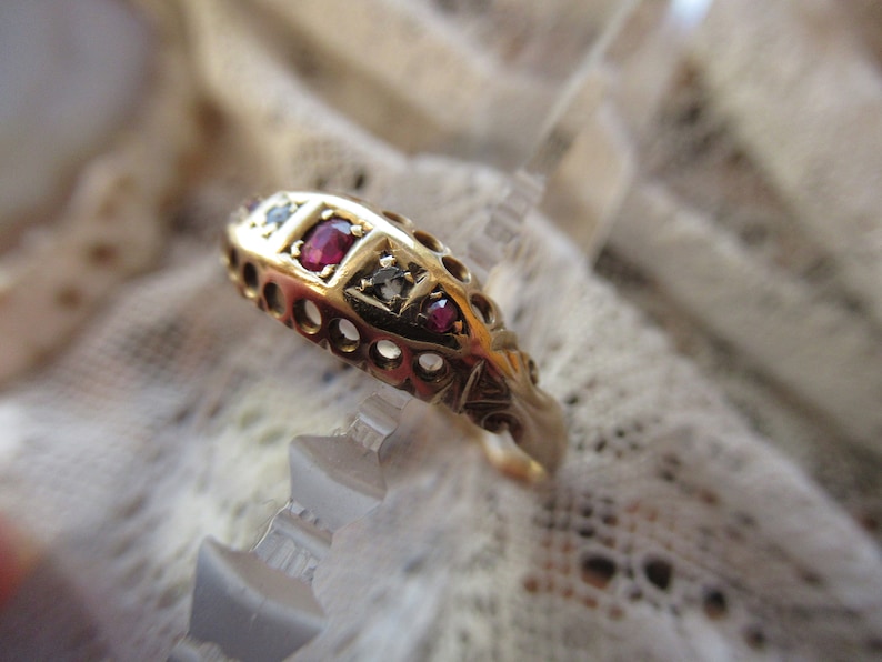 Antique 9ct Gold Ruby Diamond Ring Size U.S 7 34 U.K P Edwardian Maker LBS Gypsy Ring