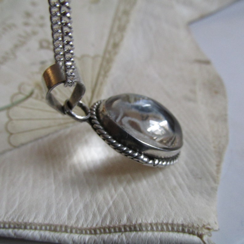 STERLING Silver Curb Chain Rock Crystal Pendant VINTAGE Spiritual OM Symbol Polished Cabochon.