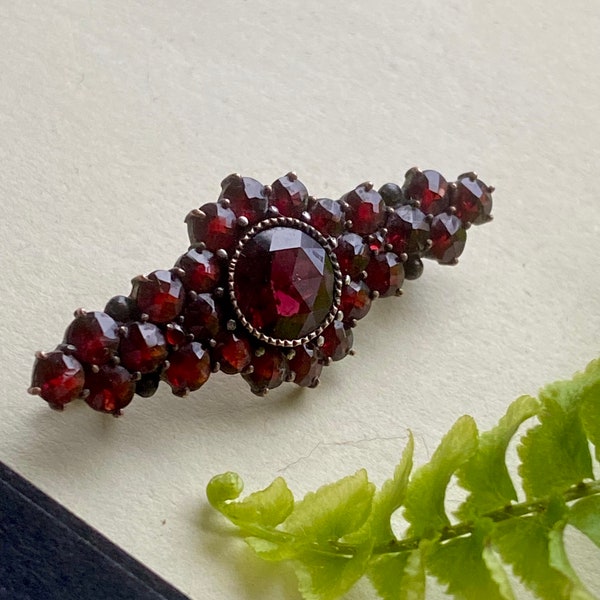 Antique Bohemian Garnet Brooch. Central Briolette Garnet, Rose Cut, Gilt Metal, Silver Pin, Gifts for Her