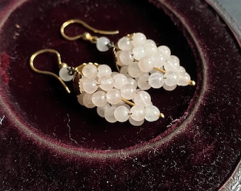 Vintage Sterling Silver Gilt ‘Grape & Vine’ Earrings. Dangle Drop, White Crystal. Wire Hooks, Gifts for Her