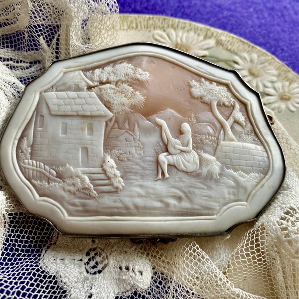 Antique LARGE Shell Cameo. SILVER Pastoral, Grand Tour, FINE Carving, Victorian, Safety Chain, Unusual Shape, Gifts for Her