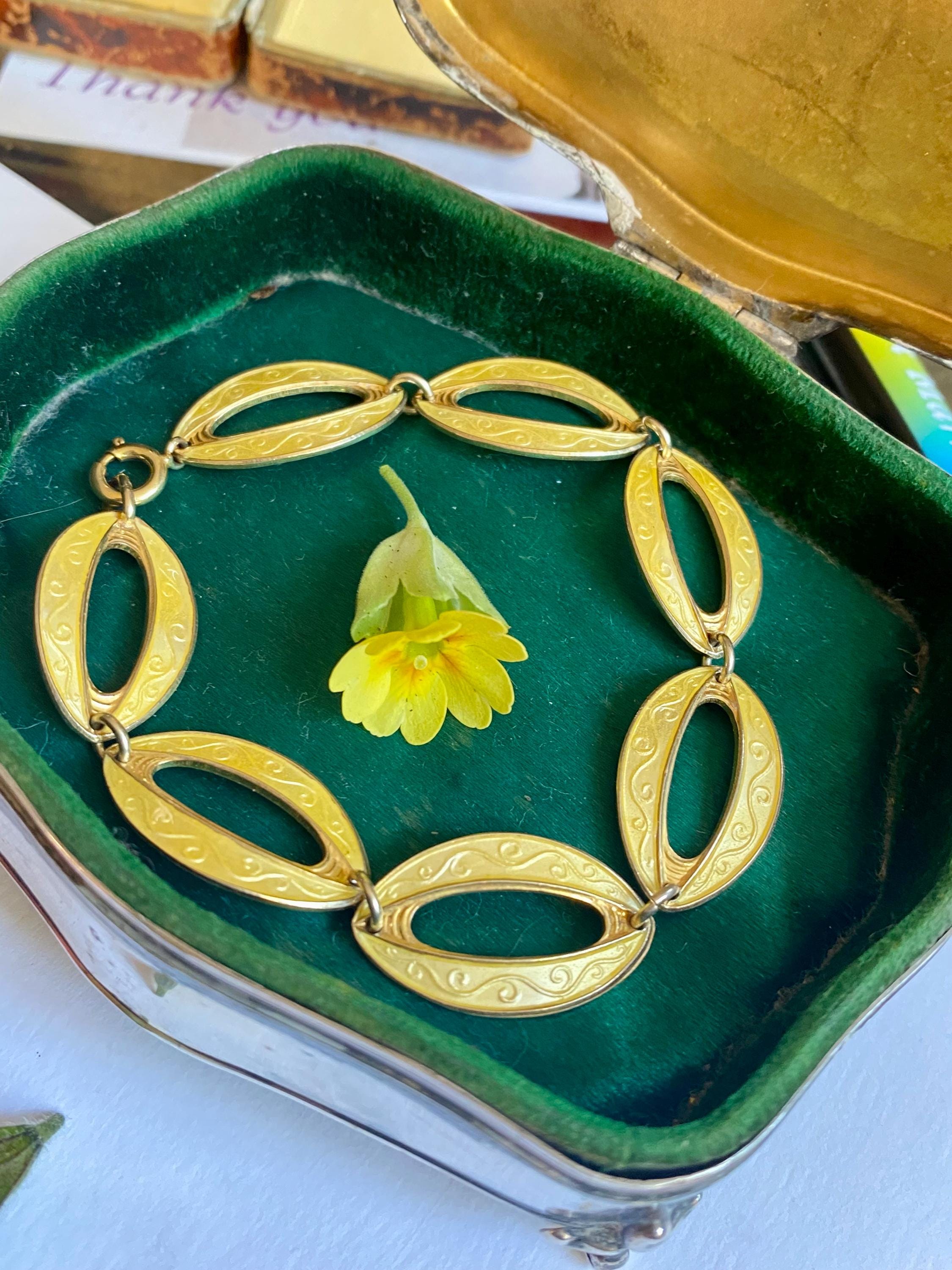 Guilloche Enamel Silver Gilt Bracelet, VINTAGE Askel Holmson Norway, STERLING, 1940s Yellow,