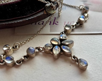 Vintage Moonstone Sterling Silver Lavaliere Necklace. Pear Drop 1970s. Gifts for Her