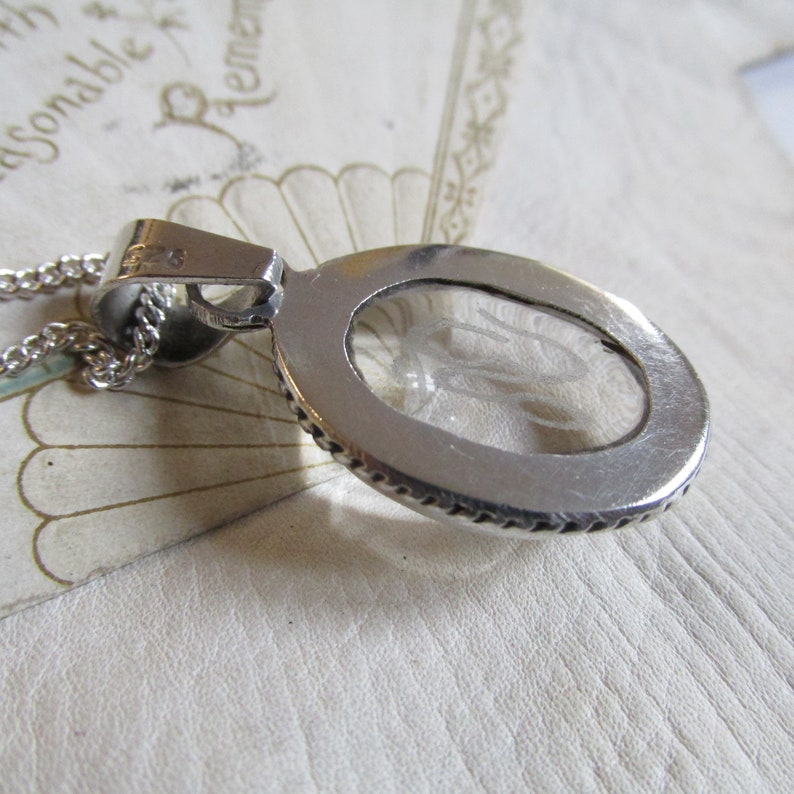 STERLING Silver Curb Chain Rock Crystal Pendant VINTAGE Spiritual OM Symbol Polished Cabochon.