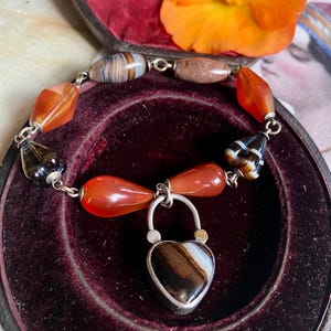 Antique Sterling Silver Agate Carnelian Beaded Bracelet. PADLOCK Banded Agate, Jasper, Pebble Jewellery, Victorian Gifts for Her