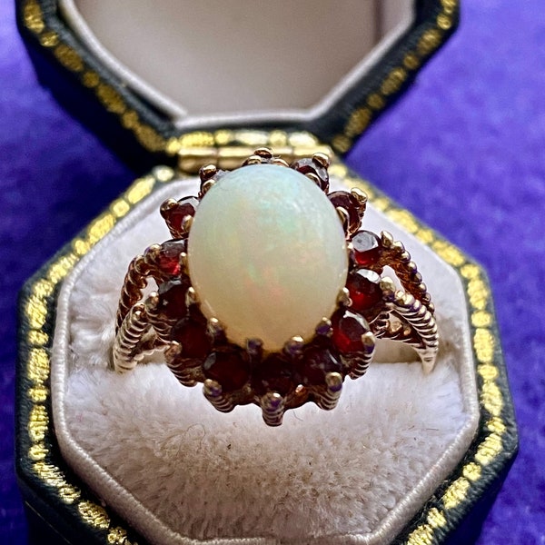 Retro 9CT Opal Garnet Ladies Dress Ring. 1970s, Ornate Split Shank, Opal Cluster Ring, STATEMENT Ring.