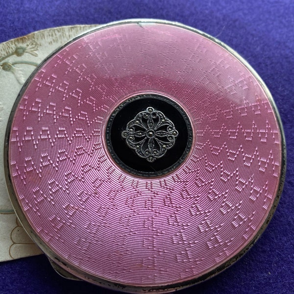 ART DECO Guilloche Enamel Sterling Silver Powder Compact. PINK. Hallmarked Birmingham 1928 Maker Deakin & Francis, Down Powder Puff.