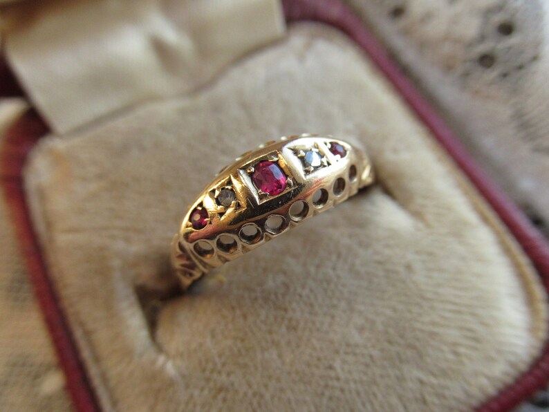 Antique 9ct Gold Ruby Diamond Ring Size U.S 7 34 U.K P Edwardian Maker LBS Gypsy Ring
