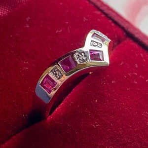 Vintage 9CT Gold Ruby & Diamond Ring. Chevron, Cushion Cut, Hallmarked, Gifts for Her