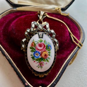 Antique French Champleve Enamel Locket Pendant: Hand-Painted Floral, Gilt Chain