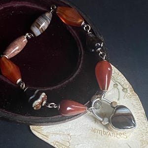 Antique Sterling Silver Agate Carnelian Beaded Bracelet. PADLOCK Banded Agate, Jasper, Pebble Jewellery, Victorian Gifts for Her