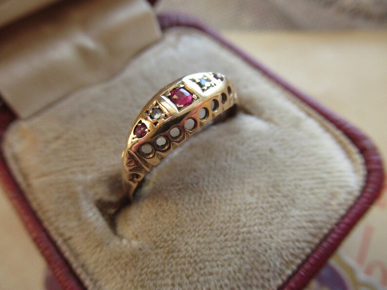 Antique 9ct Gold Ruby Diamond Ring Size U.S 7 34 U.K P Edwardian Maker LBS Gypsy Ring
