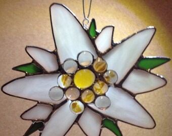 White edelweiss flower stained glass suncatcher